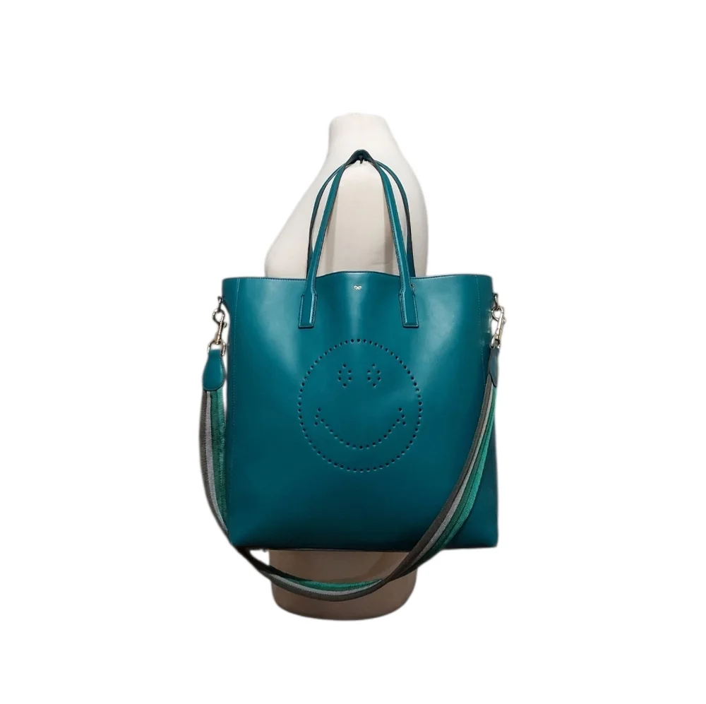 Anya Hindmarch Teal Smile Perforated Leather Tote